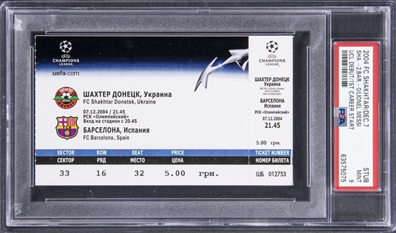 Lionel Messi Champions League Debut Ticket Stub from 12/7/2004 - PSA MINT 9